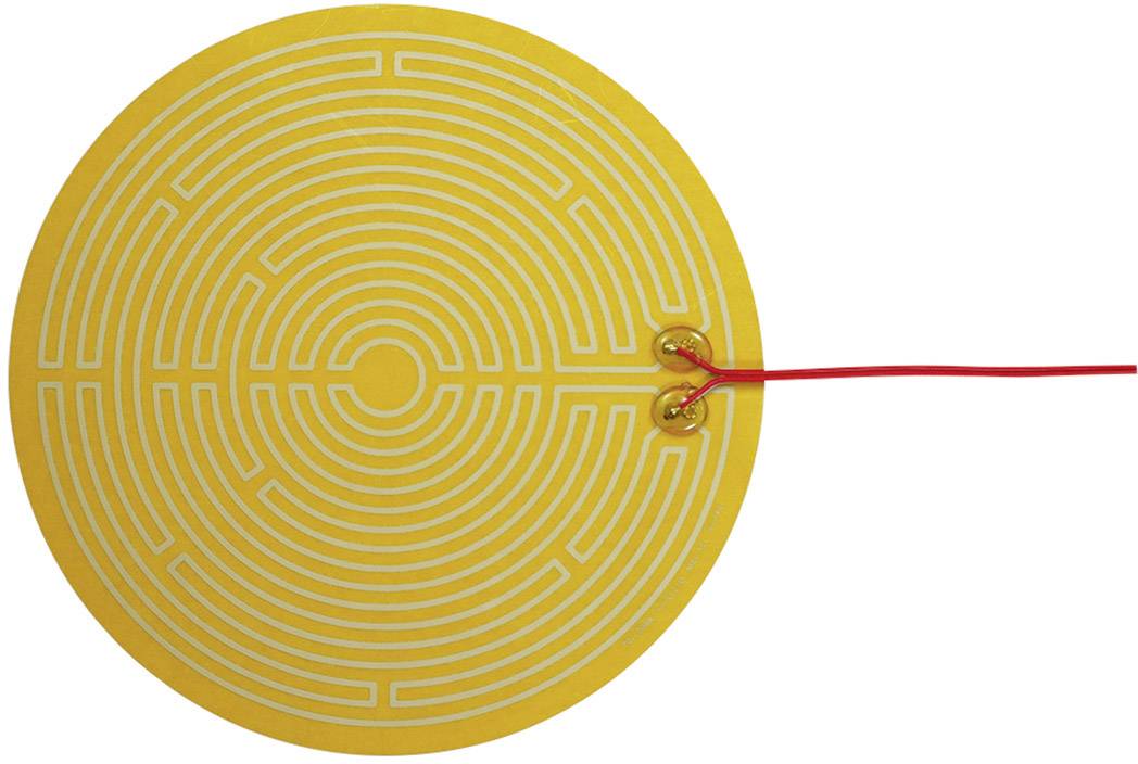 Un capteur de température rond, jaune, avec un motif en spirale et deux fils de connexion rouges.