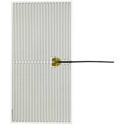 Un capteur de force en feuille rectangulaire avec des lignes parallèles et un câble sur le côté droit, connecté à un centre jaune.