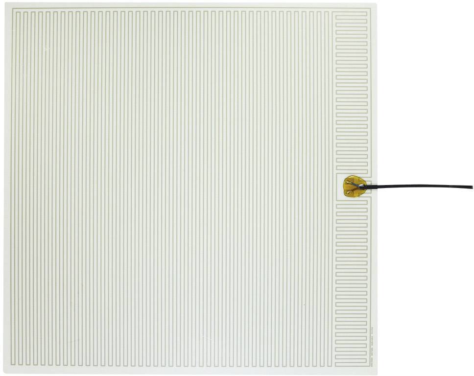 Un tapis chauffant carré avec des lignes parallèles fines et un câble connecté. Il sert à réchauffer uniformément une surface.