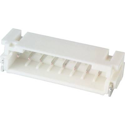 Connecteur en plastique blanc à broches métalliques multiples, de forme rectangulaire, avec un clip latéral assurant le verrouillage de la connexion.