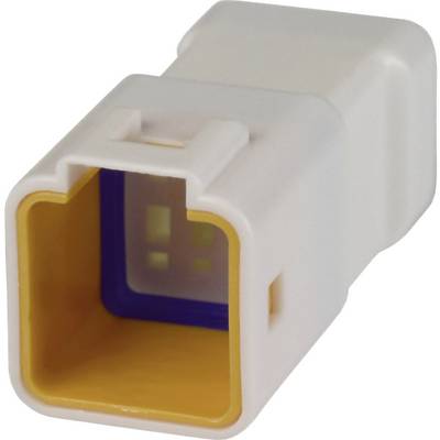 'Une fiche électrique rectangulaire, blanche et jaune, avec plusieurs broches, adaptée aux connexions électroniques.'