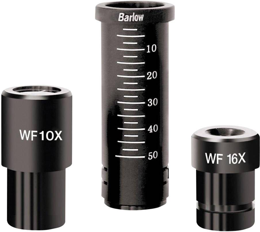 Trois lentilles Barlow pour télescopes, étiquetées WF10X, Barlow et WF16X. Un tube de lentille montre une échelle de 0 à 50.