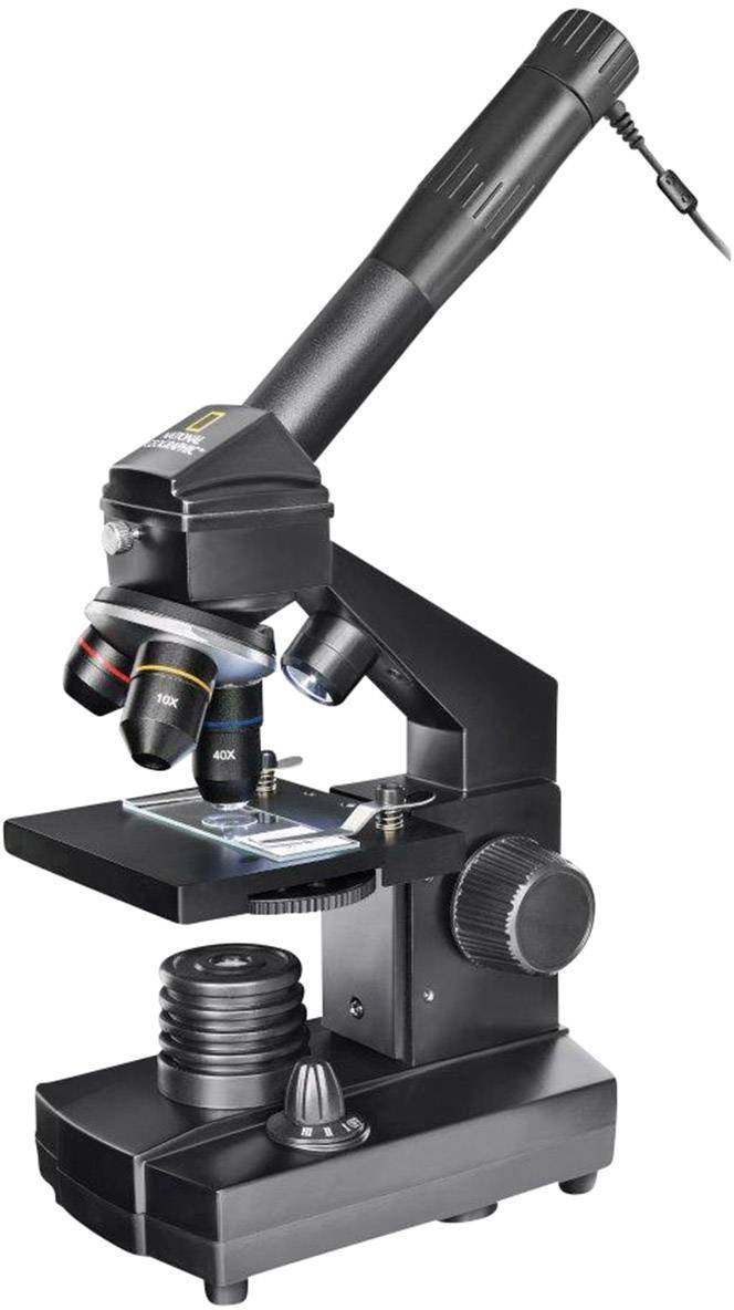 Un microscope noir avec quatre objectifs, réglé pour observer des échantillons sur une lame de verre. Il est alimenté électriquement.