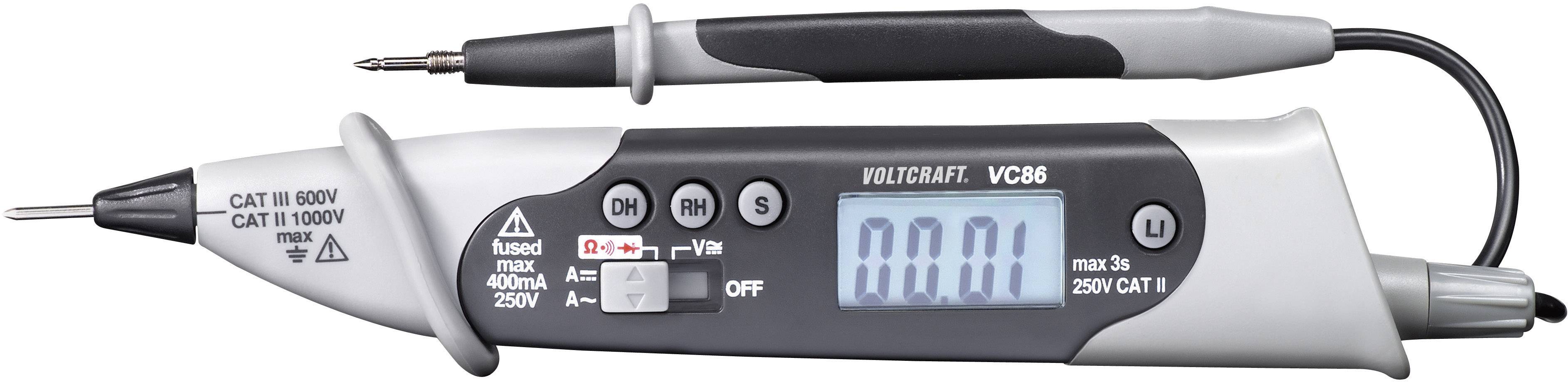 Testeur de tension avec affichage LCD, deux pointes de test, échelle de mesure jusqu'à 690V, boîtier en plastique noir et gris.