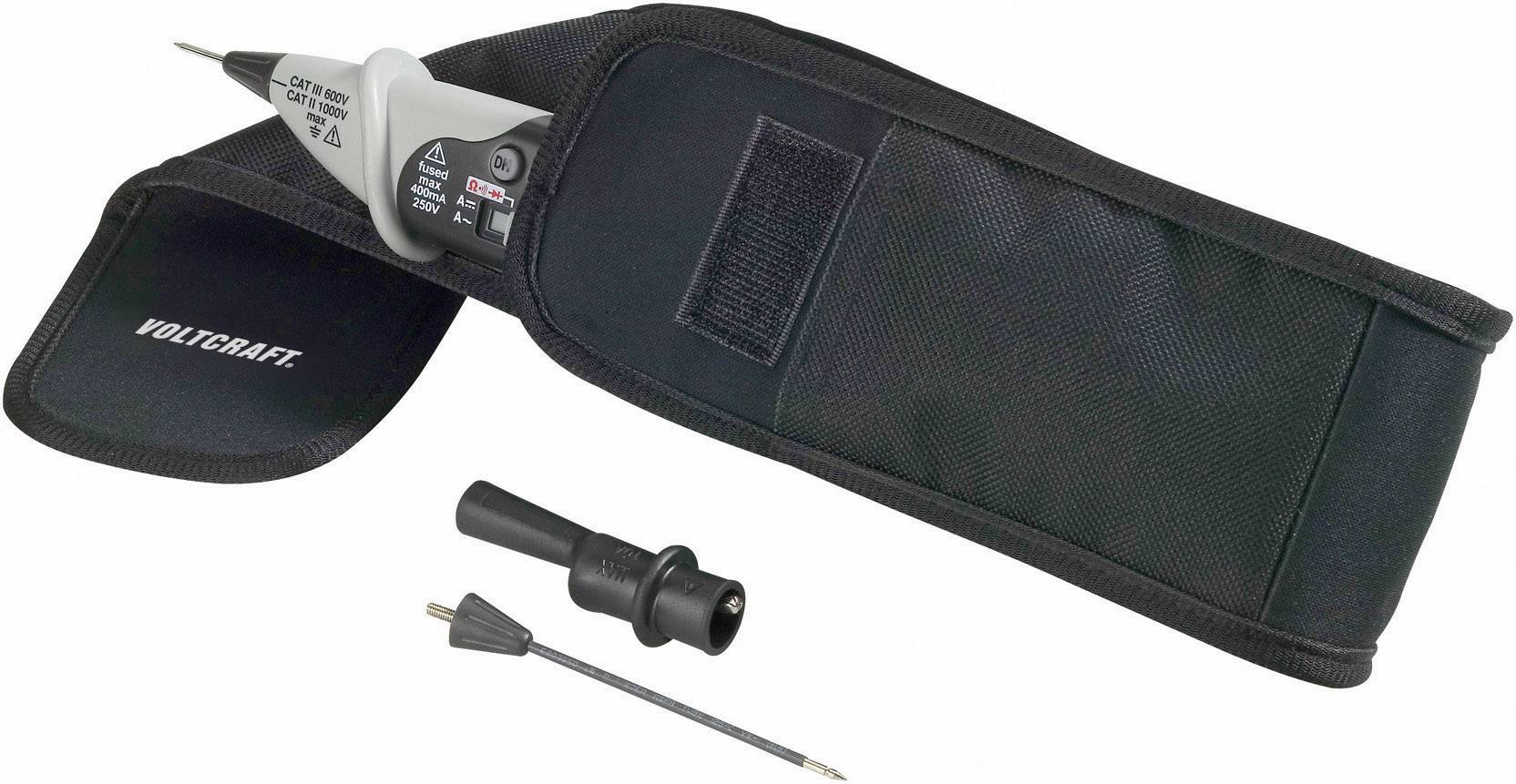 Ensemble testeur de tension de VOLTCRAFT avec sacoche et accessoires, adapté pour vérifier les lignes électriques.