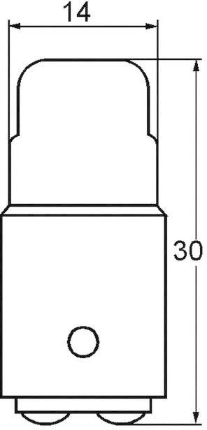 Dessin technique d'un composant avec des dimensions de 14 mm de largeur et 30 mm de hauteur, comprenant les connexions.