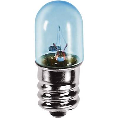 Une petite ampoule à la lumière bleuâtre et au pas de vis métallique. Le filament et la structure interne sont visibles.