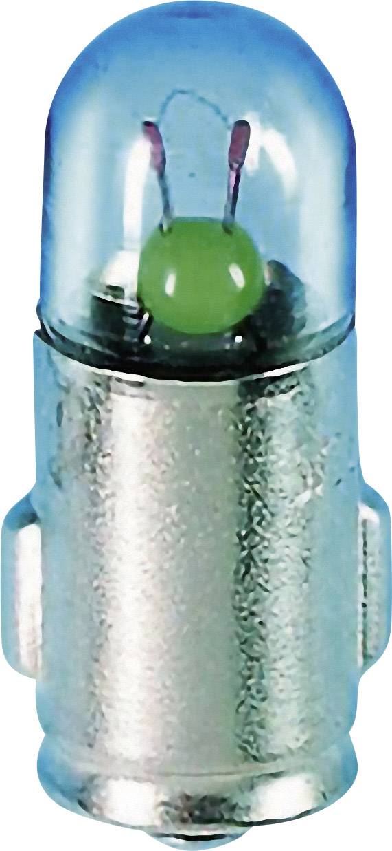 Une petite lampe de service argentée avec un globe en verre bleu et un module lumineux vert.