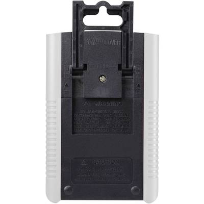 Verso d'un appareil portable avec des avertissements et un couvercle de compartiment à fusibles. Une vis au centre sécurise le couvercle.