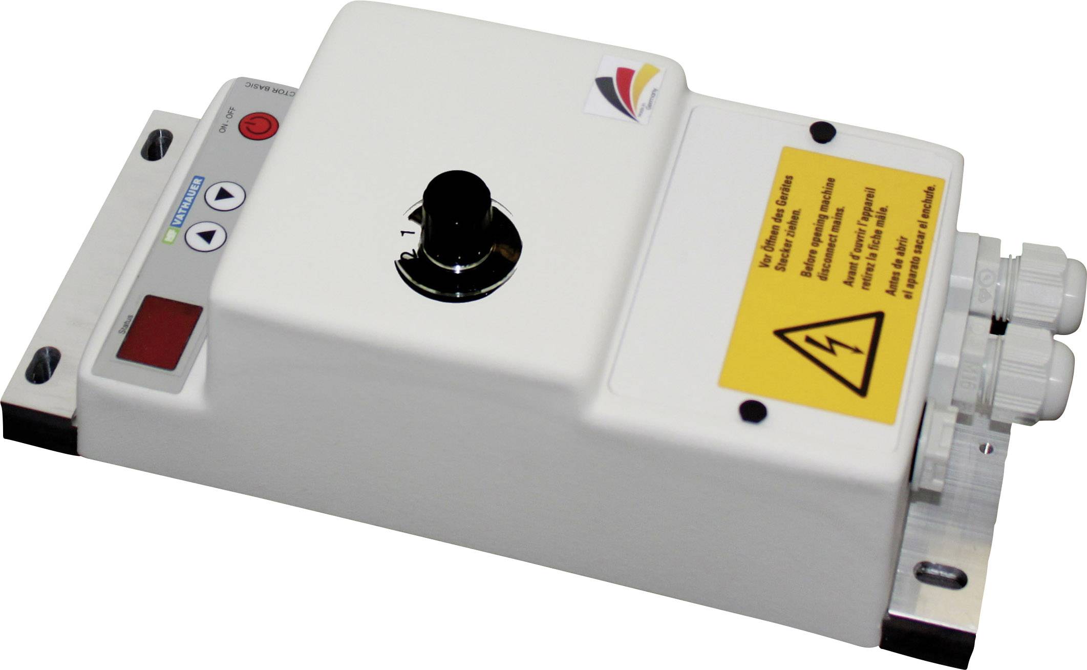 Un boîtier de commande électrique blanc avec un bouton rotatif, un interrupteur, un écran, un symbole d'avertissement de tension et des connexions, utilisé pour contrôler des appareils techniques.