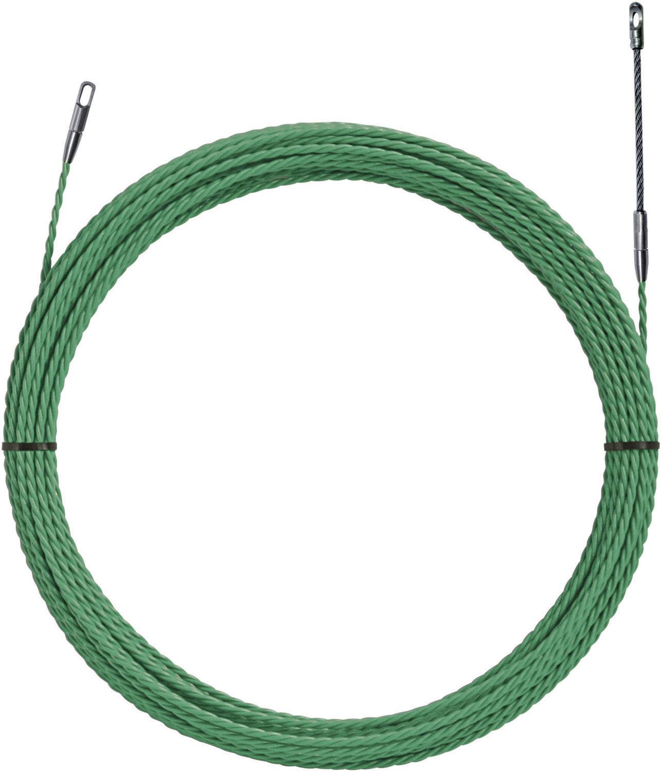 Câble vert en acier, formé en cercle. Des œillets sont présents aux deux extrémités pour une fixation sécurisée.