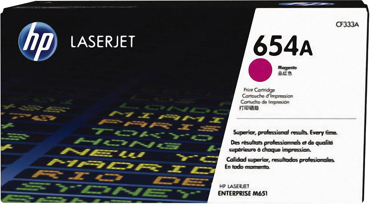 Cartouche de toner pour HP LaserJet, modèle 654A, Magenta. L'emballage présente du texte dans différentes langues, incluant des détails techniques.
