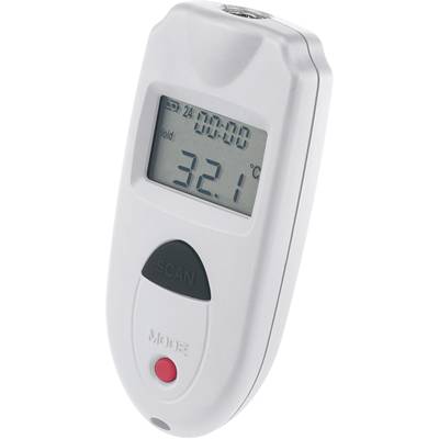 Thermomètre numérique affichant '32,1 °C' sur l'écran, avec les touches 'SCAN' et 'MODE' en dessous. L'appareil mesure la température d'un objet.