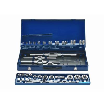 Une boîte métallique bleue contenant un ensemble de taraudage, composé de différents tarauds et supports, rangés dans des compartiments.