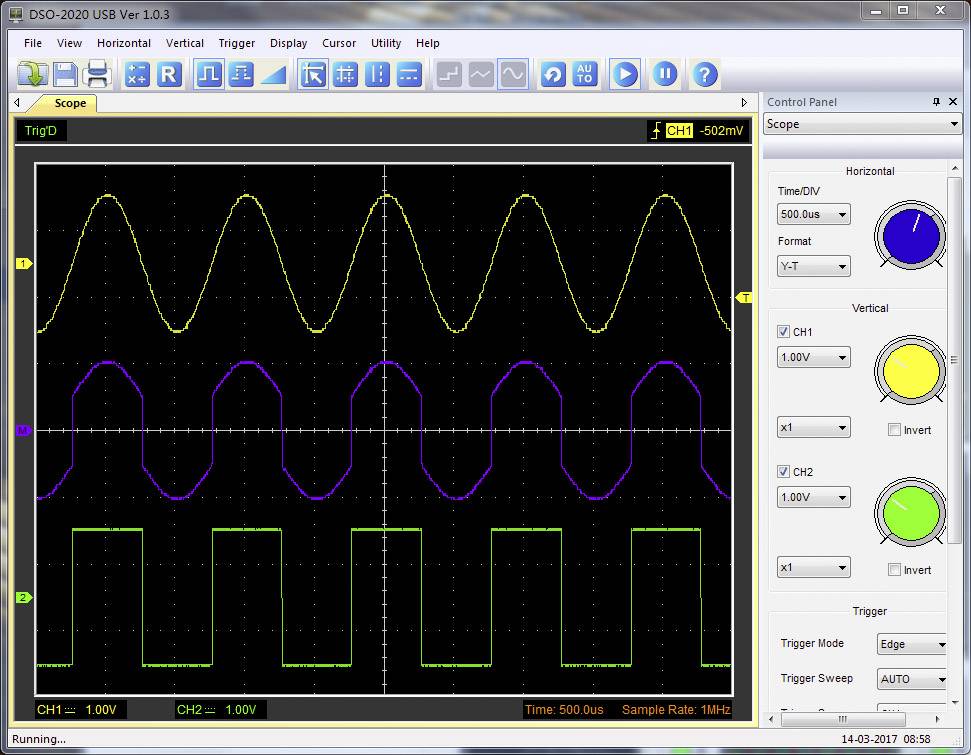 Écran d'oscilloscope : Formes d'ondes jaunes, violettes et vertes représentant des signaux de tension en fonction du temps. Panneau de contrôle à droite avec des curseurs.