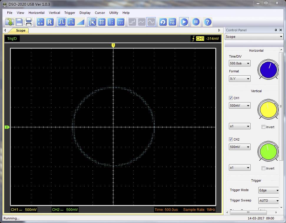 Un écran d'oscilloscope affichant une forme d'onde circulaire au centre. À droite, des commandes permettant de régler le temps, la tension et le déclenchement.