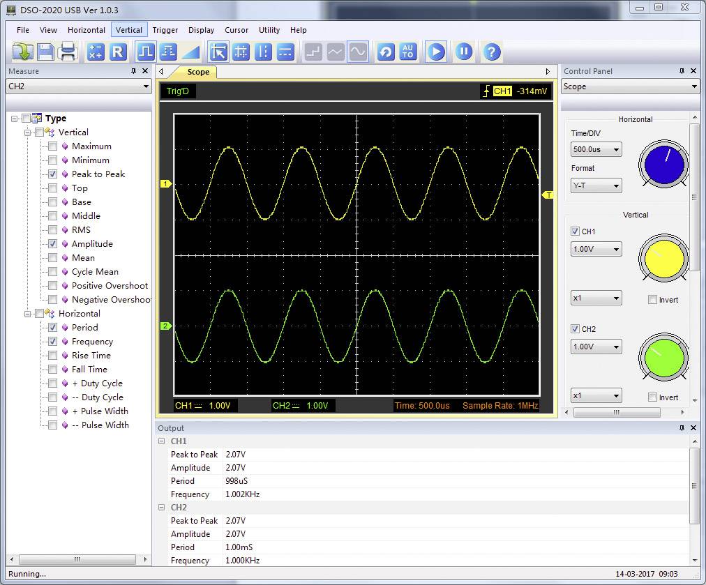 Capture d'écran d'un oscilloscope avec deux formes d'ondes. L'axe des X représente le temps, l'axe des Y la tension. Les valeurs de mesure sont indiquées à droite et en bas.