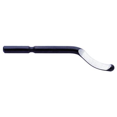 Outil de demi-ovale gauche avec poignée ergonomique, utilisé pour le traitement des surfaces métalliques dans la fabrication.