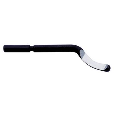 Lame de grattoir noire lisse à bord incurvé, utile pour l'ébavurage des métaux et autres matériaux.