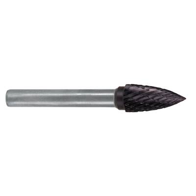Un fraise en carbure métallique à tige cylindrique et tête conique cannelée, adapté pour le fraisage de surfaces métalliques.