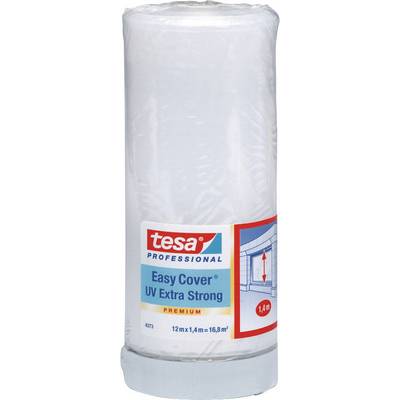 Emballage de 'Tesa Easy Cover UV Extra Strong'. Film de protection pour travaux de peinture, dimensions 12m x 1,4m.