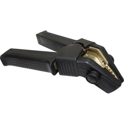 Un porte-électrode noir pour travaux de soudage, doté d'une poignée texturée et d'une plage de serrage réglable pour une fixation sécurisée.
