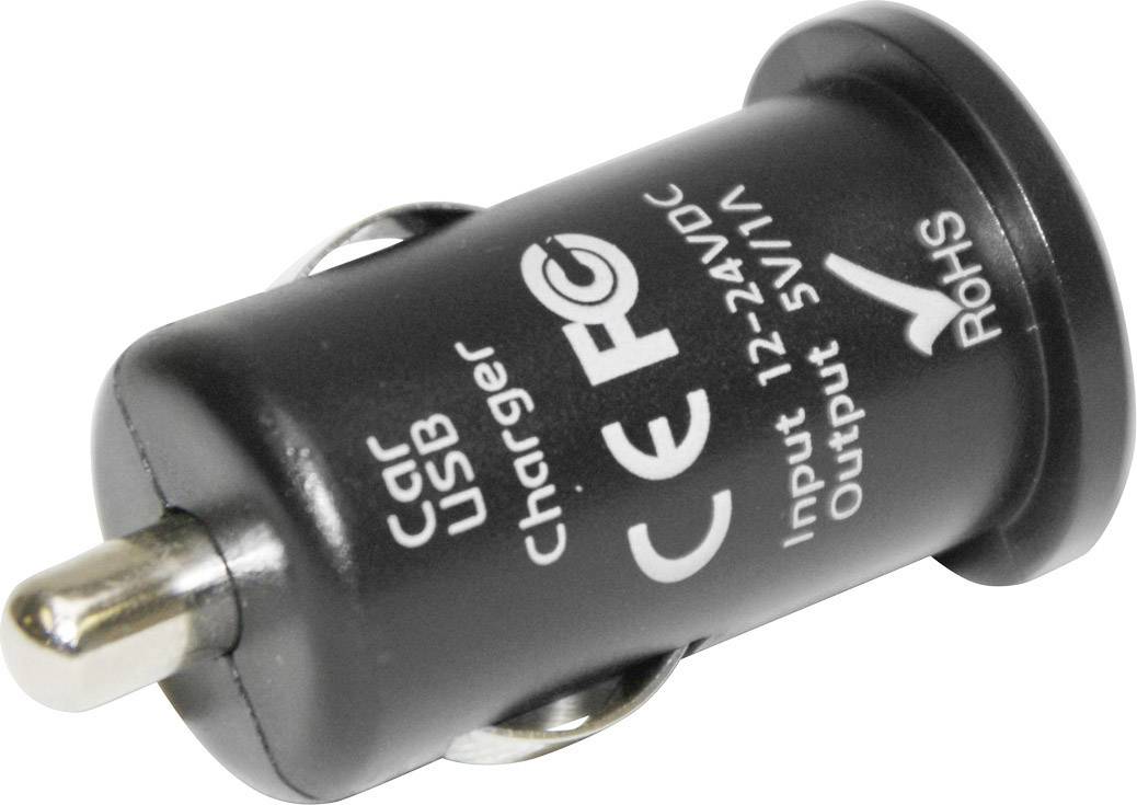 Un chargeur USB noir pour voiture avec certification CE et FCC, entrée 12-24VDC, sortie 5V/1A, conforme RoHS.
