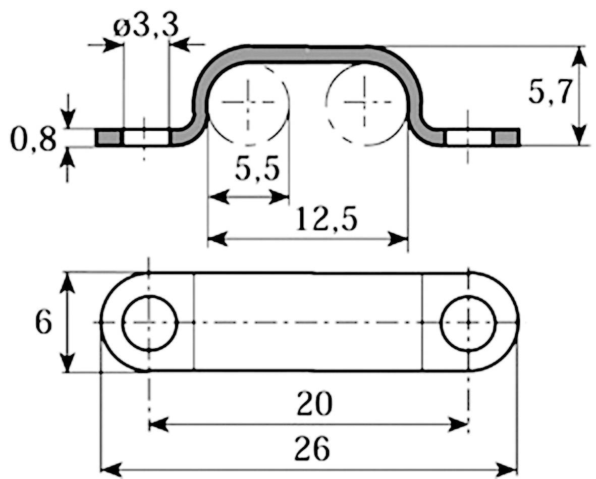 Dessin technique d'une pièce métallique avec dimensions : Longueur 26, Largeur 6, deux trous de diamètre 3,3. Dimensions : 0,8, 5,5, 12,5, 5,7.