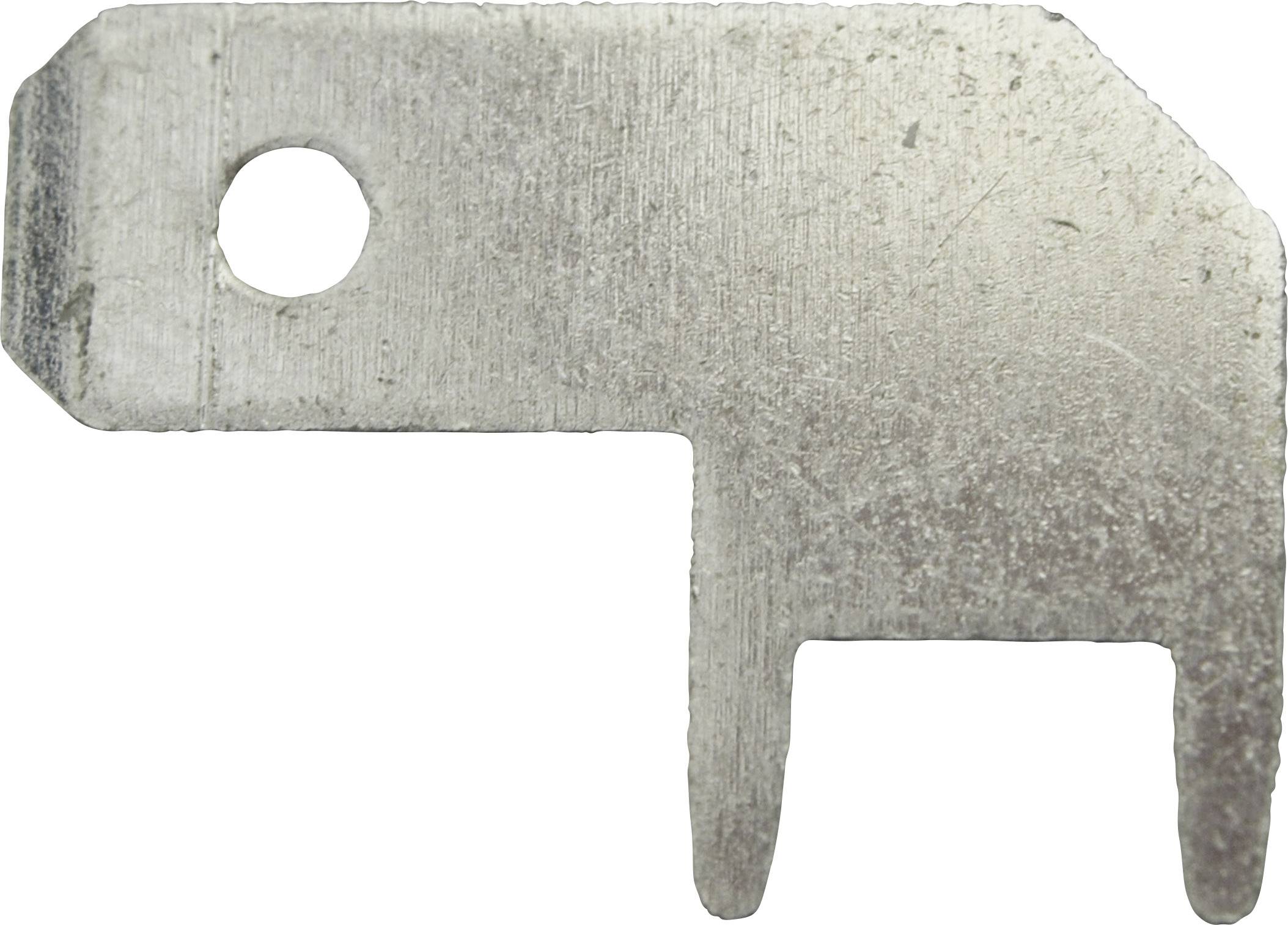 Une petite plaque métallique plate avec deux dents saillantes et un trou, probablement une clé ou un outil spécialisé.