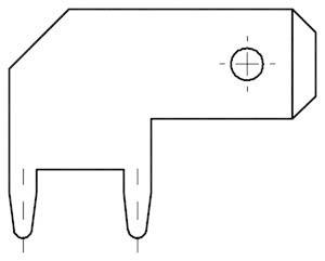 Dessin technique d'une pièce mécanique avec un trou de perçage en haut à droite et deux goupilles orientées vers le bas.
