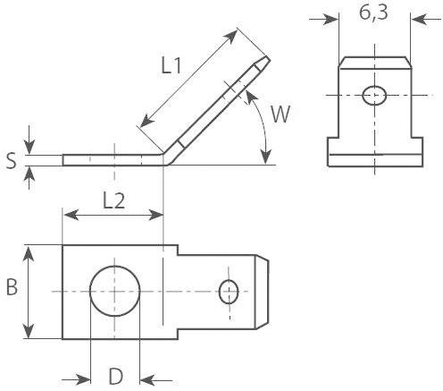 Dessin technique d'un composant avec dimensions : L1, L2, W, S, B, D. Présente une vue latérale et une vue de dessus du composant.