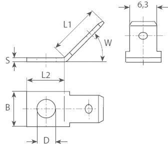 Dessin technique d'une pièce métallique avec dimensions. Indique la largeur de 6,3 mm, la longueur L1 et L2, l'épaisseur S, la courbure W, le périmètre D et la hauteur totale B.
