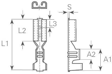 Dessin technique d'une fiche avec les dimensions L1, L2, L3, A1, A2 et S. Vue latérale et vue de face du composant.