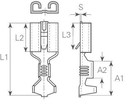 Dessin technique d'un contact enfichable avec les dimensions L1, L2, L3, A1, A2 et S. Les détails tels que les rainures et le sens d'insertion sont représentés.