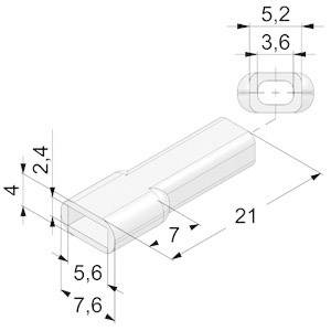 Dessin technique d'un connecteur rectangulaire avec les dimensions suivantes : 21 mm de longueur, 7,6 mm de largeur, 5,6 mm de hauteur. Comprend des vues détaillées.