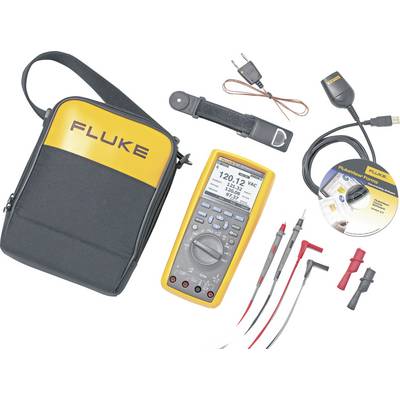 Kit de multimètre avec sacoche de transport, multimètre jaune, cordons de mesure, CD et adaptateur secteur.