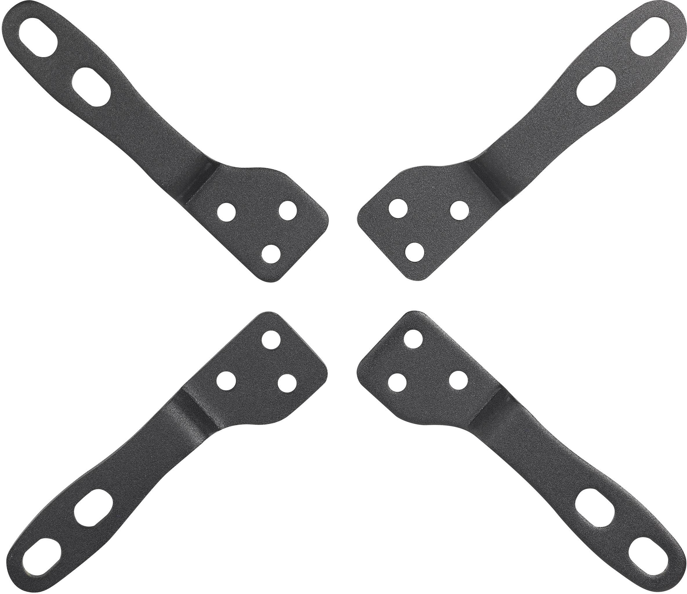 Quatre angles métalliques noirs, disposés symétriquement, avec trois trous à chaque extrémité, probablement du matériel de montage.