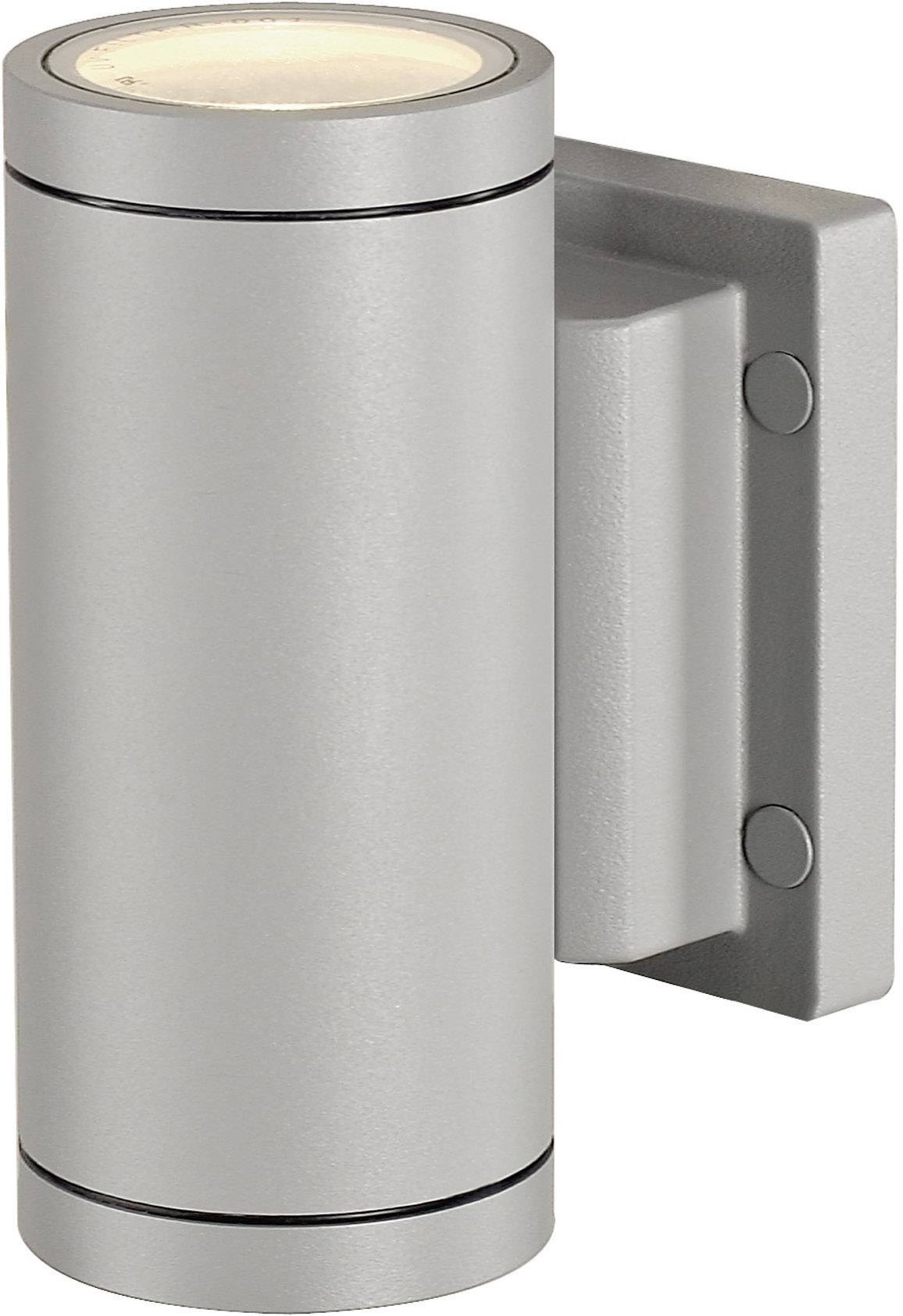 Applique cylindrique en argent avec des faisceaux lumineux dirigés vers le haut et vers le bas, montée au mur.