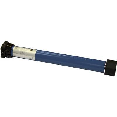 Moteur tubulaire bleu avec embout noir, souvent utilisé dans les volets roulants et les stores.