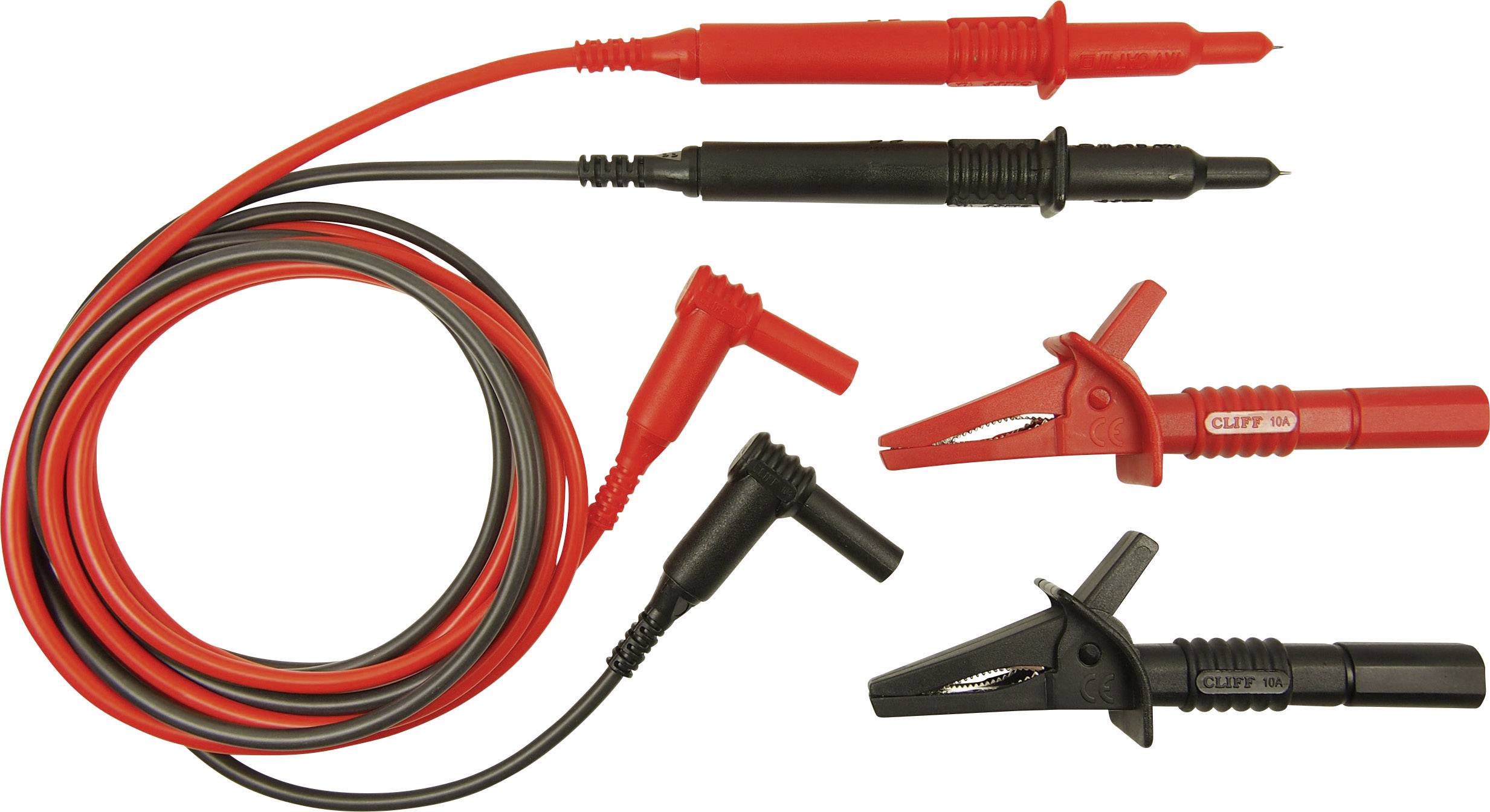Un ensemble de câbles de mesure avec des câbles et des pinces rouges et noirs, généralement utilisés pour tester des circuits électroniques.