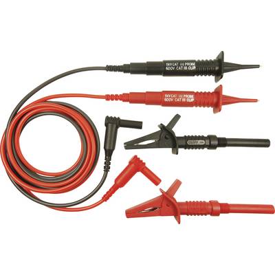 'Deux fils de mesure avec pinces crocodiles : un rouge et un noir. Adaptés jusqu'à 1000V et CAT III 600V.'