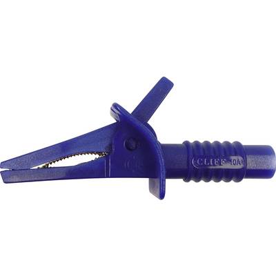 Une pince en plastique bleu avec des mâchoires dentées et une poignée striée, utilisée pour les connexions électriques.