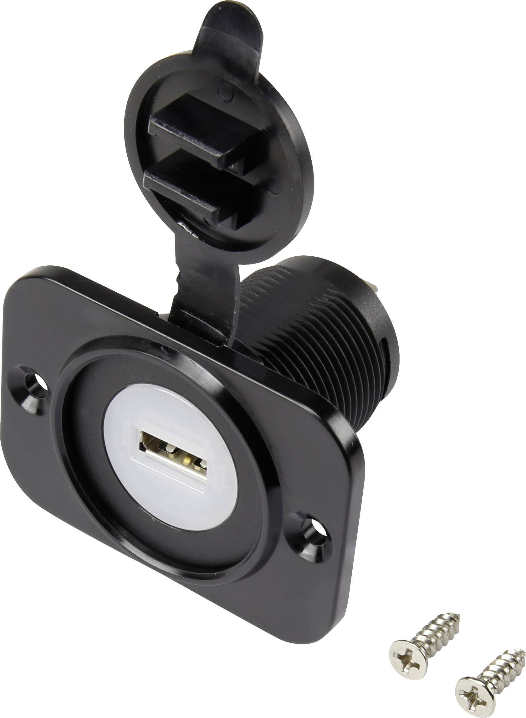 Prise USB noire avec couvercle et deux vis Torx.