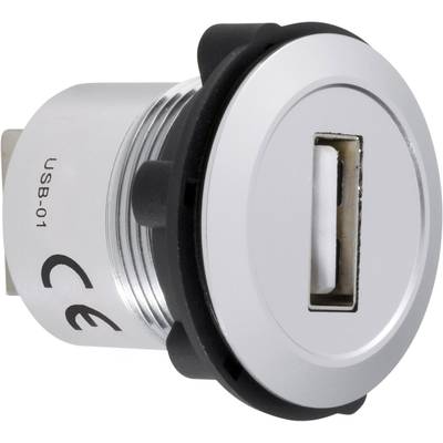 Gros plan d'un connecteur USB argenté de type USB-01 avec marquage CE, logé dans un boîtier cylindrique.