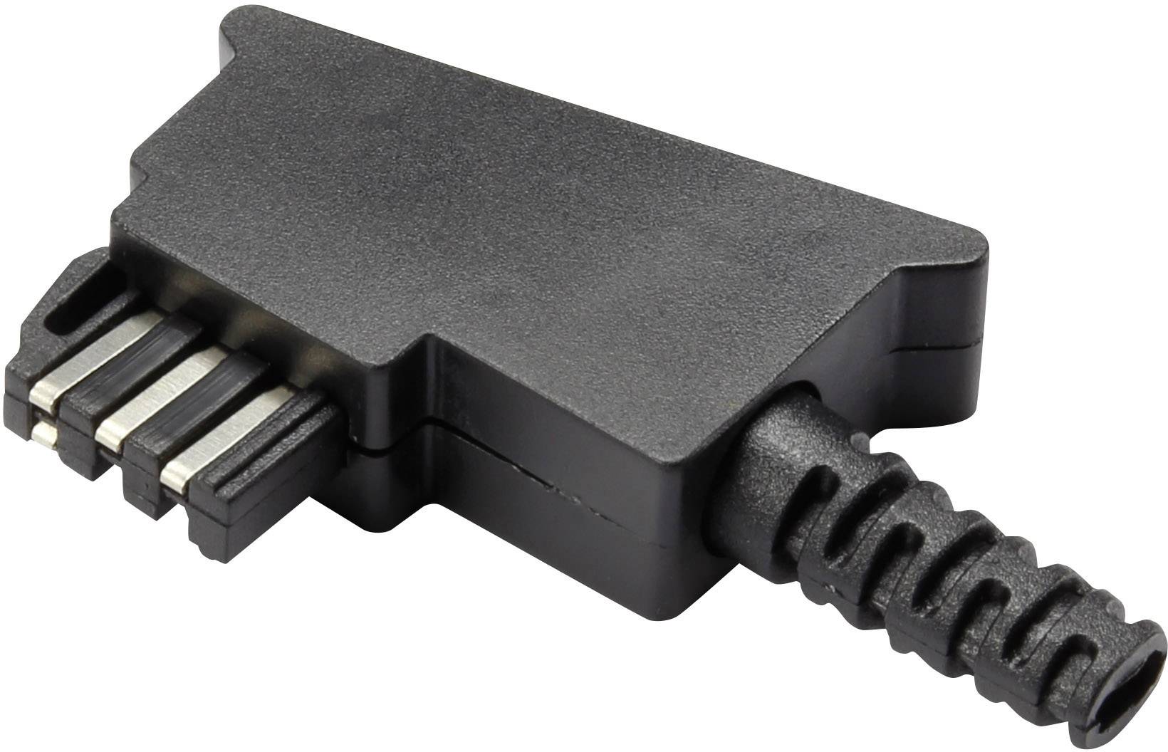 Un connecteur électrique noir, rectangulaire, avec quatre bornes métalliques et une protection de câble ondulée.