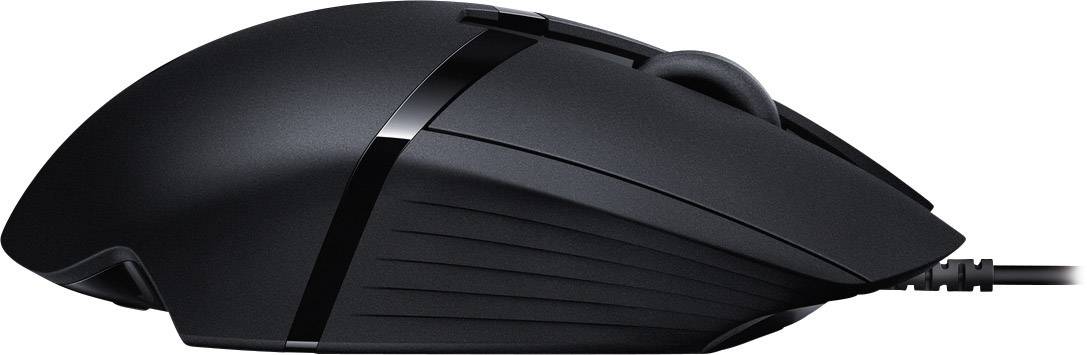 Souris de jeu d'ordinateur noire avec connexion filaire, vue de côté. Design ergonomique et texture de surface discrète.