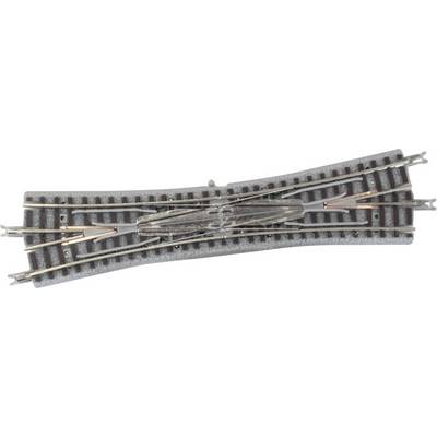 Rail de modélisme ferroviaire avec double aiguillage en métal et plastique, configuration incurvée, adapté pour un train miniature.