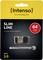 Clé USB 3.0 'Intenso Slim Line 64 Go' dans son emballage. Couleurs noir et jaune. Texte 'pour la vie quotidienne'.