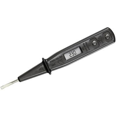 Un testeur de tension avec affichage numérique indique 230 volts. Conçu pour des mesures jusqu'à 250V en courant alternatif et continu.