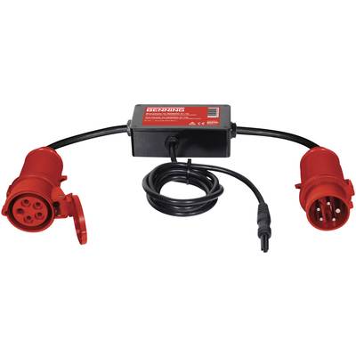 Adaptateur de protection contre les surtensions 'Benning' avec deux fiches industrielles rouges et une partie centrale noire. Utilisé pour protéger les appareils électriques.
